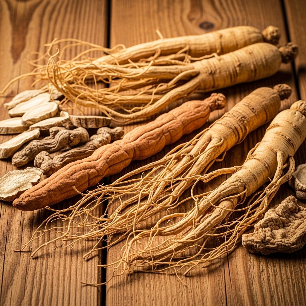 Collection of dried adaptogenic plant roots including ashwagandha and ginseng root pieces arranged on aged wooden boards in warm amber museum lighting