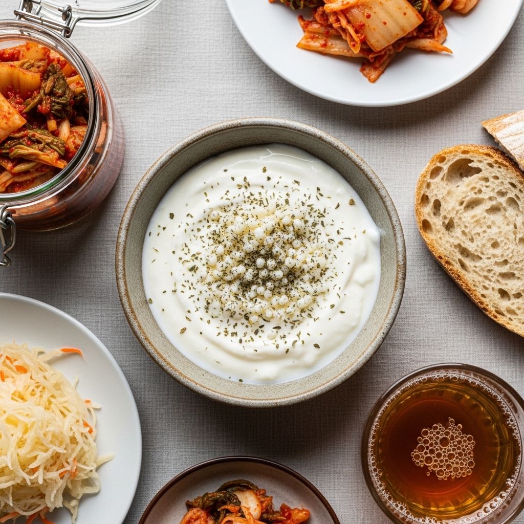 Overhead view of natural fermented foods including plain yoghurt in a ceramic bowl with kefir grains and dried herbs on a light linen surface