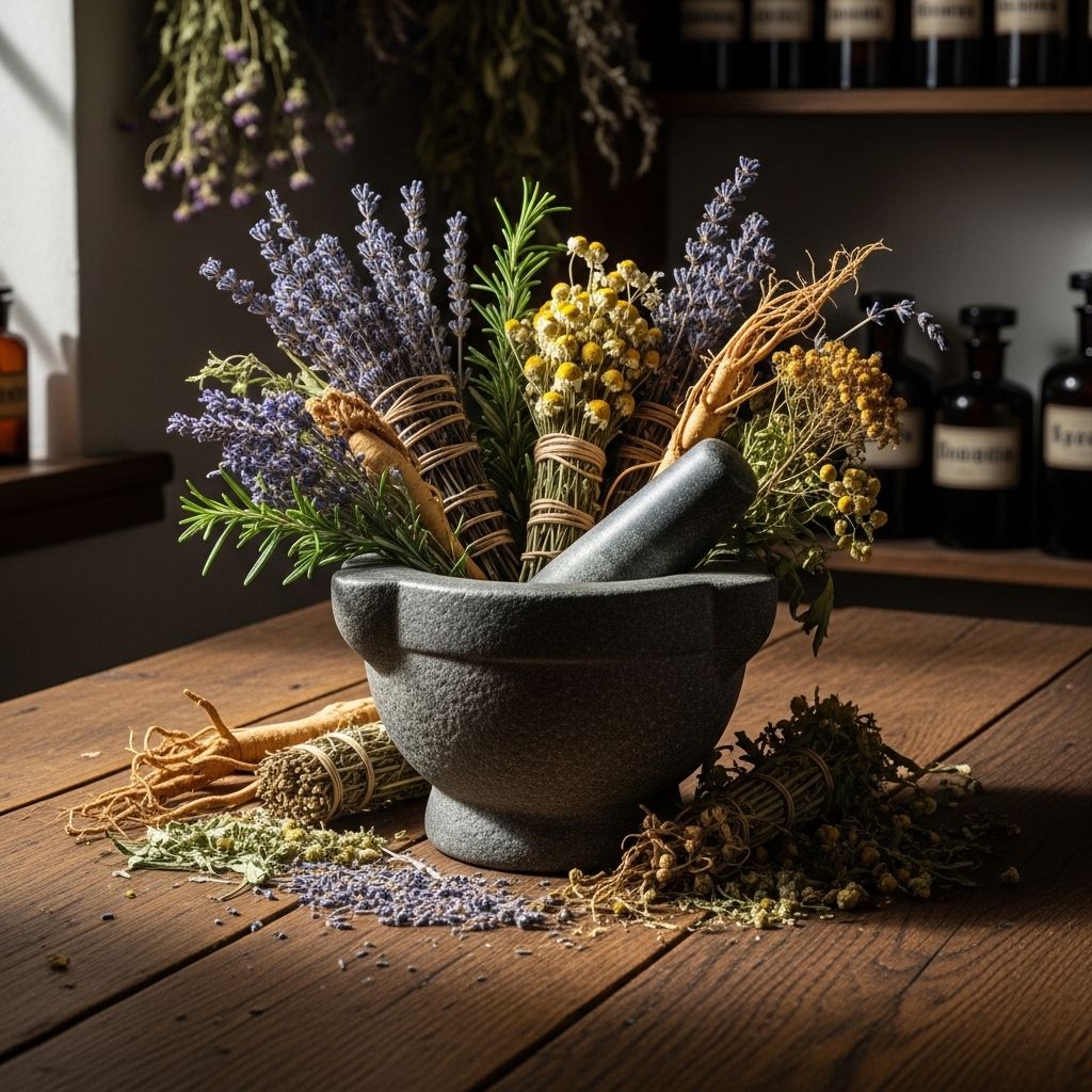 Ancient stone mortar and pestle with dried medicinal herbs and roots on a weathered oak table in a dimly lit historical apothecary setting