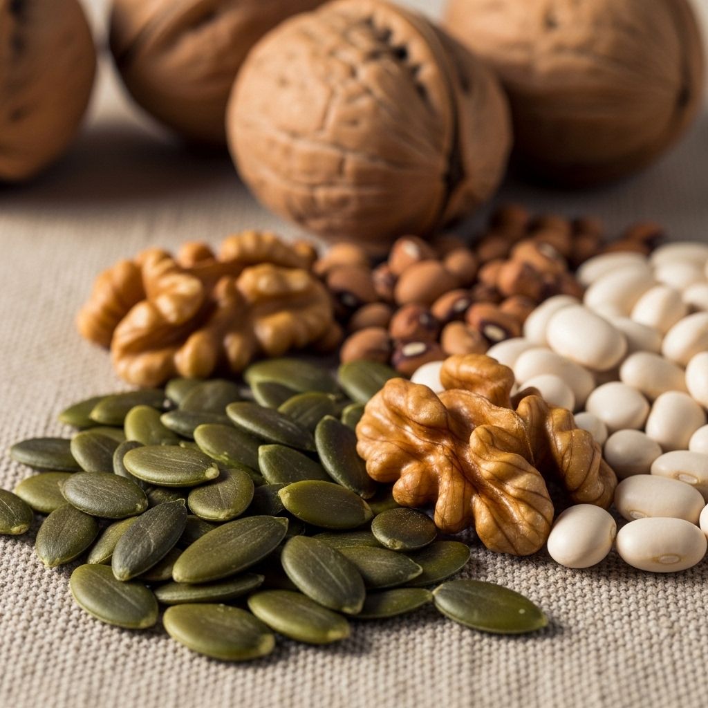 Close-up of raw mineral-rich foods including pumpkin seeds, walnuts, and dried legumes arranged on a natural linen cloth with warm directional light