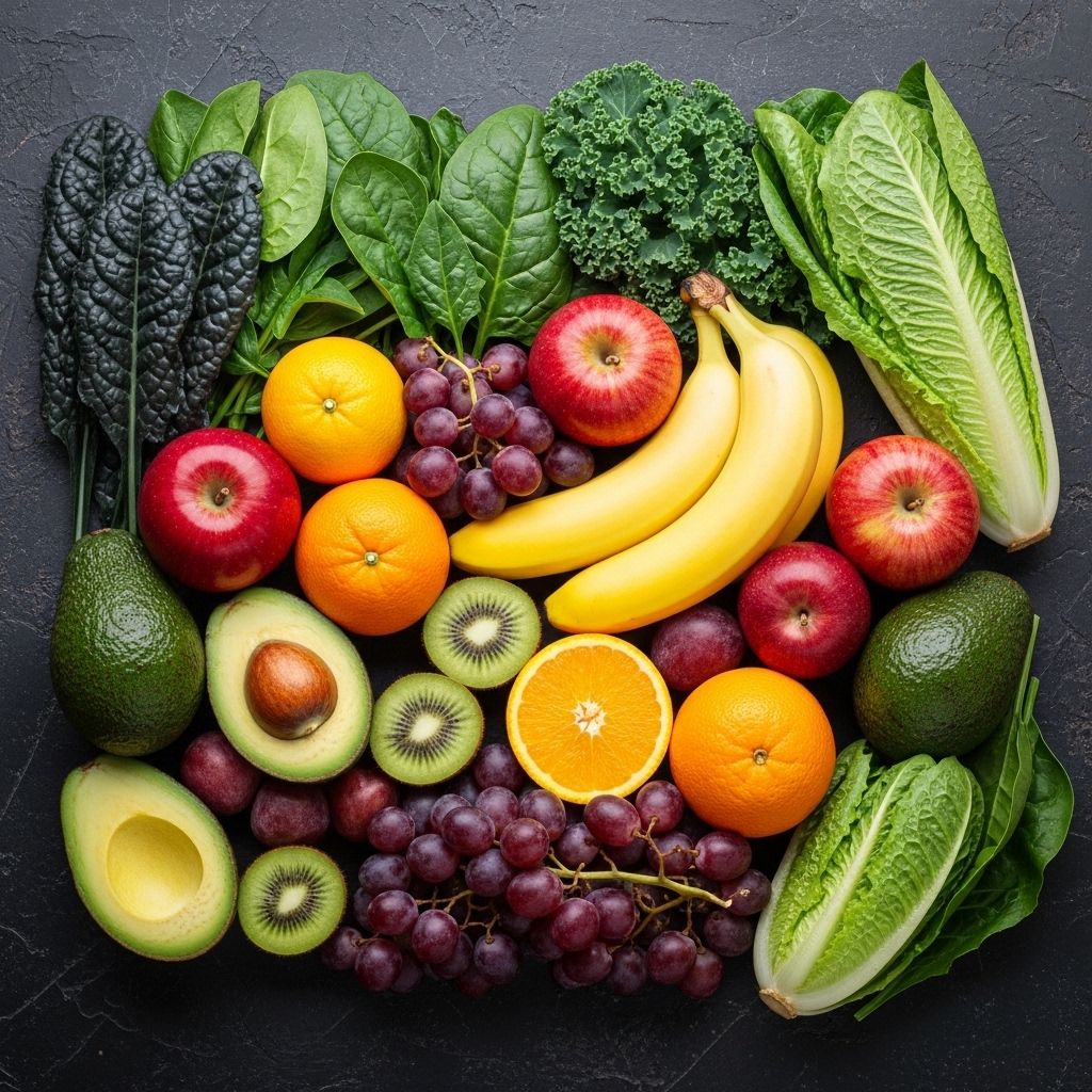 An assortment of colourful whole fruits and leafy green vegetables arranged on a dark stone surface, representing rich natural vitamin sources
